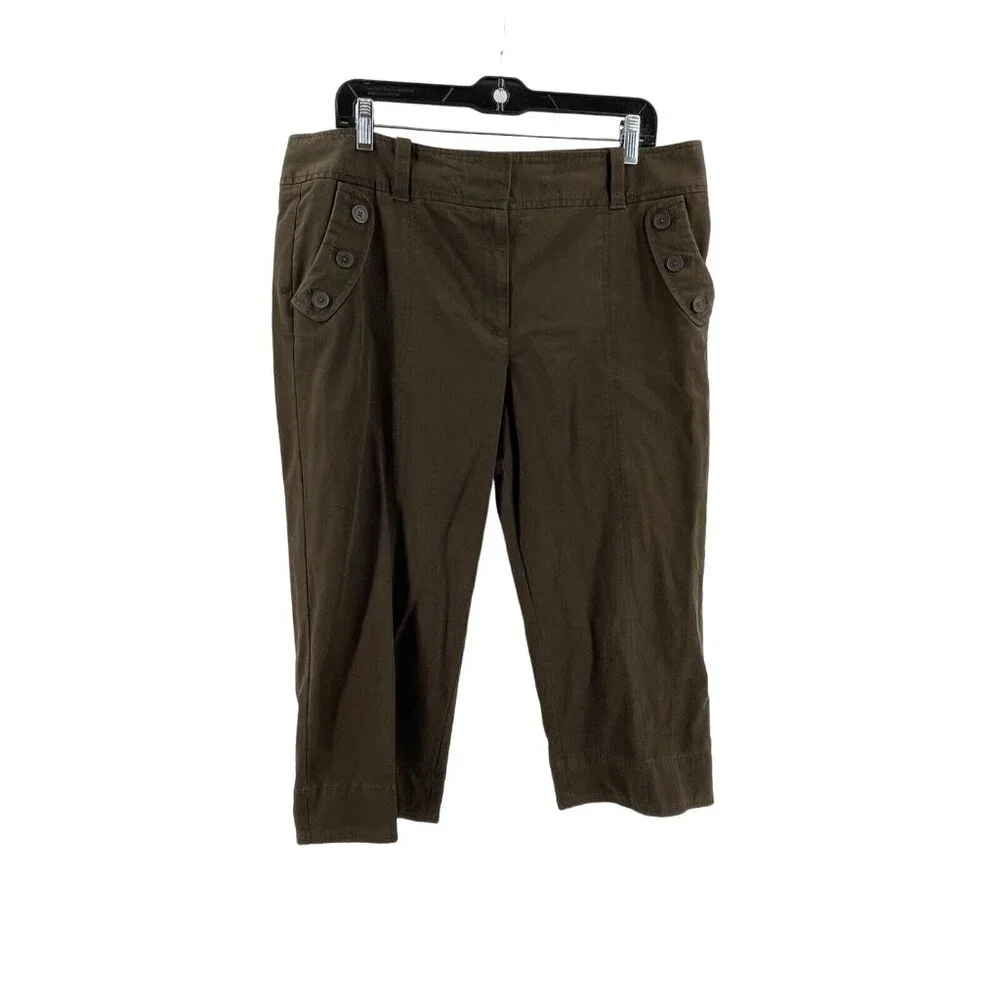 Ann Taylor Loft Women's Brown Wide Leg Cropped Khaki Pants Buttons Size 14 - Picture 2 of 13
